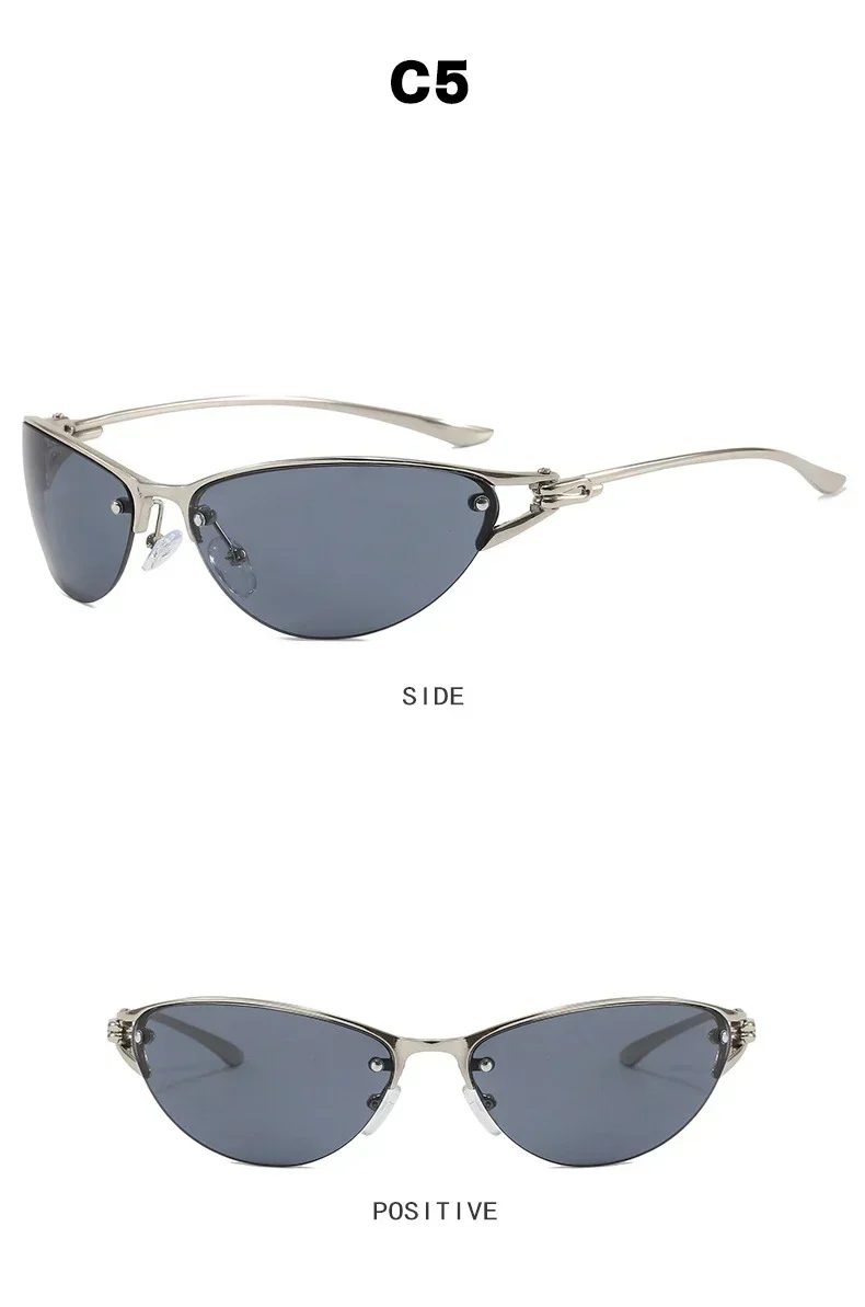 Neue silberne Y2K Metall-Cat-Eye-Sonnenbrille für Damen, modische Halbrahmen-Sonnenbrille mit klaren, getönten Gläsern, UV400, trendige Sonnenbrille für Herren, UV400 – Detail 10