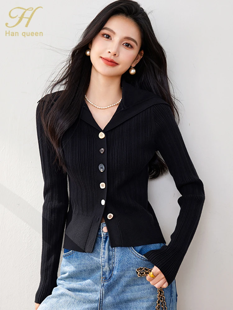 H Han Queen Autumn Female Cothing Crop Top Long Sleeve Office Vintage Tops Casual T-Shirt Women Fashion Knitt Simple Basics Tee