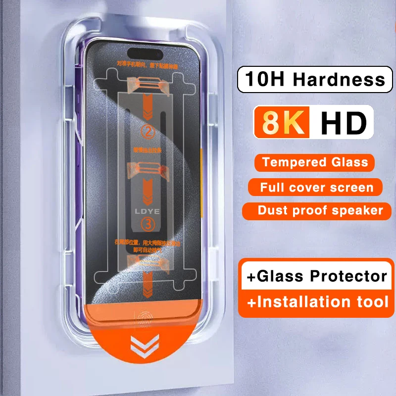 10H Hardness Dust Free Bubble Free Installation Tempered Glass For iPhone 16 15 14 13 12 11 Pro Max Plus XS XR Screen Protector