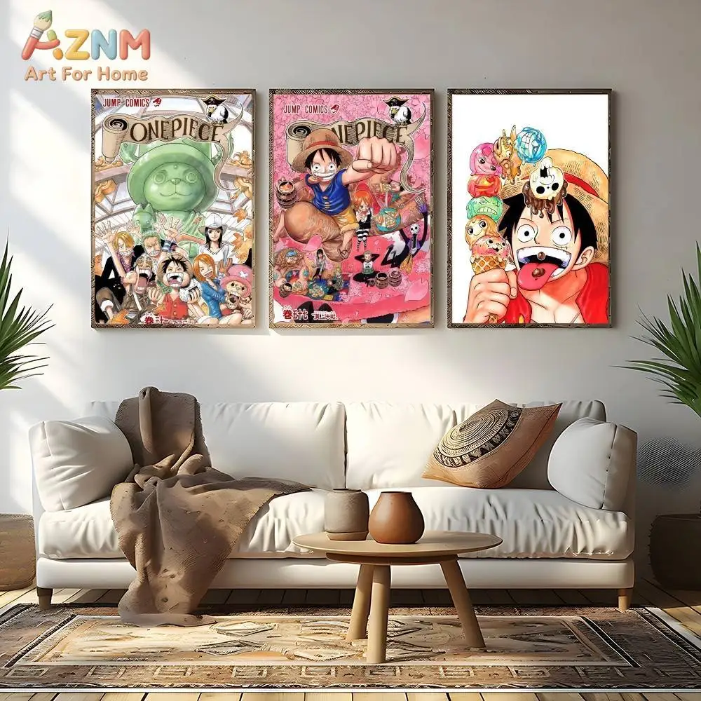AZNM One Piece Luffy Chopper Straw Hat Crew Cherry Blossom Manga Cover Anime Frameless Canvas Wall Art, Modern Home Living Room