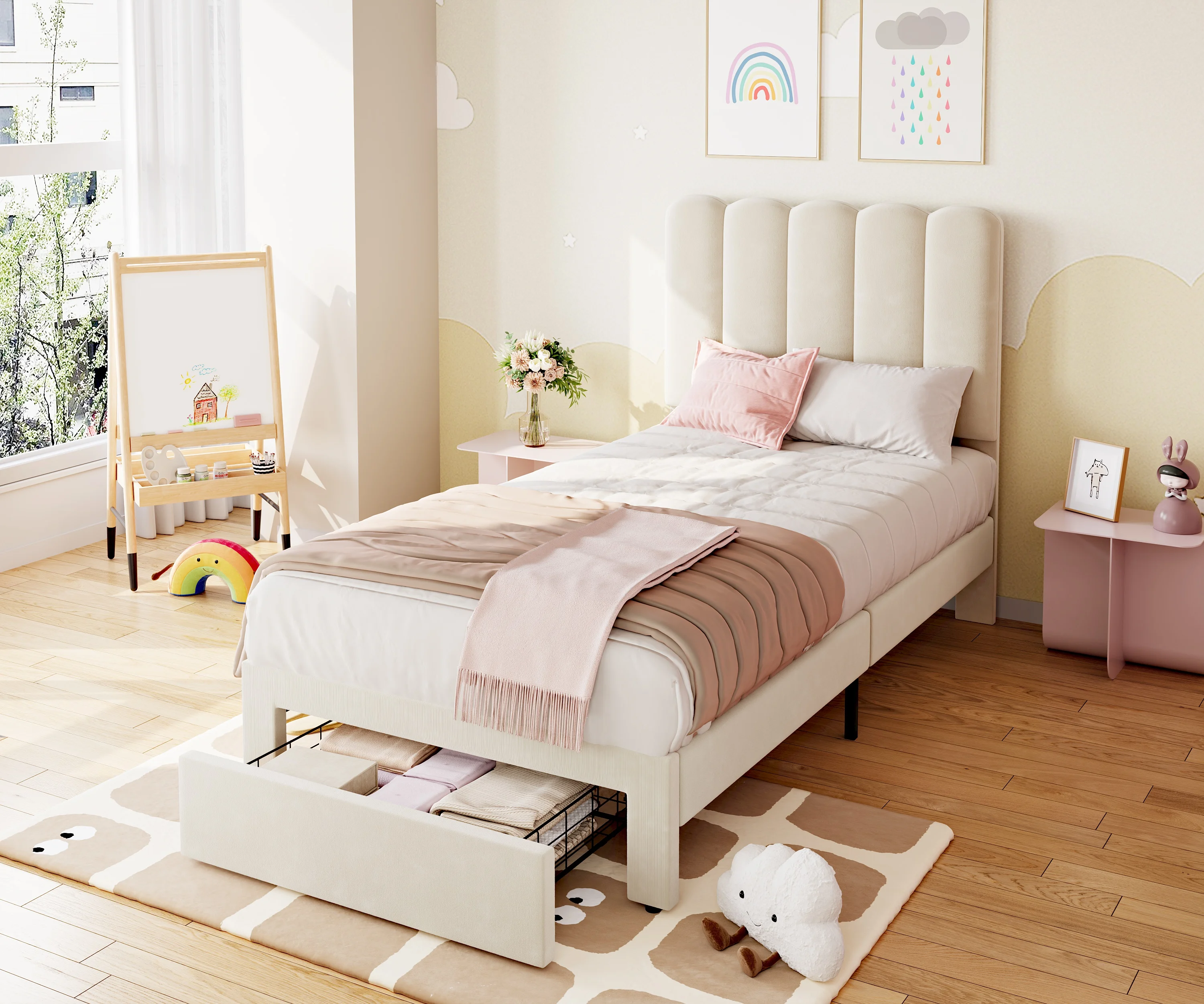 Twin Upholstered Low Profile Platform Bed Frame with Storage Drawer - Wave Headboard, Wooden Slat Support, Noise-Free, No Box Spring Needed - Beige/Pink