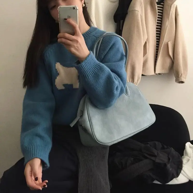 Women Autumn Winter Korean Loose Embroidered O-neck Knitting Women Clothes Preppy Style All-match Loose Pullovers Long Sleeve