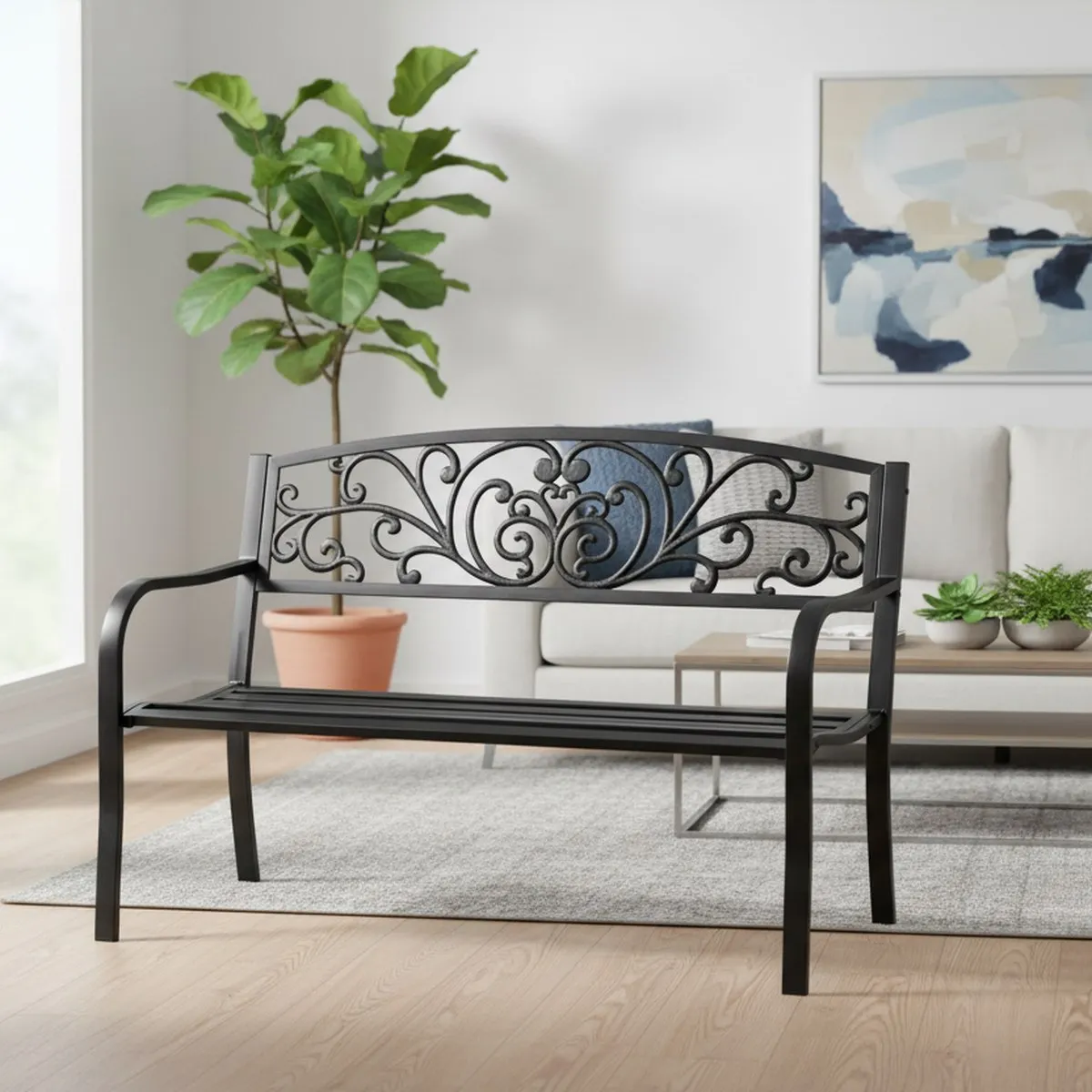 Steel Outdoor Bench Garden Patio Furniture Floral Back Slatted Seat Black
