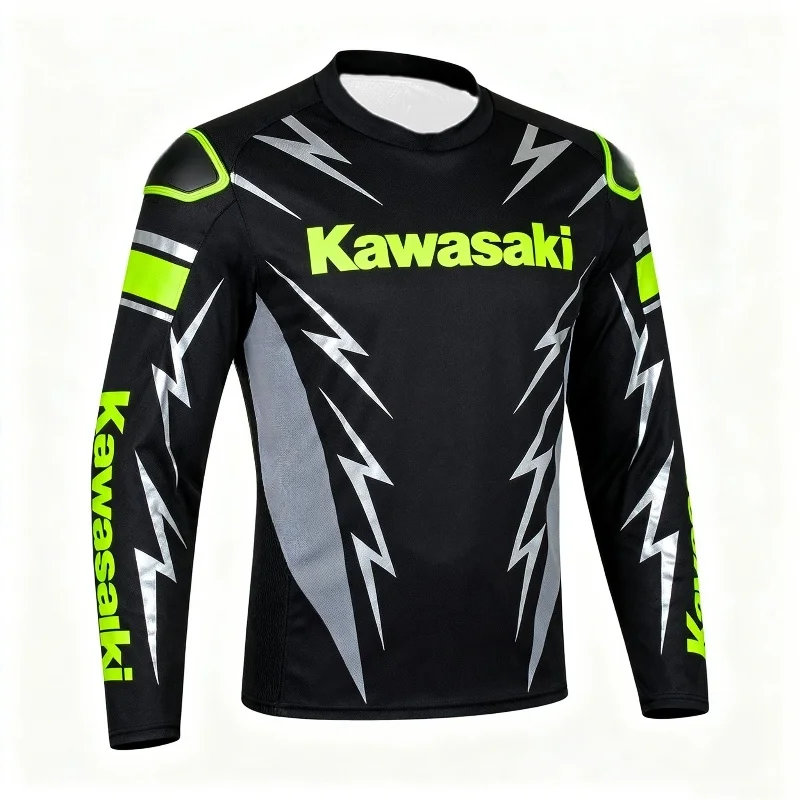 

Moto Fans Kawasaki Long - Sleeve Shirts: Black with Green Accents, Ideal for Motorcycle Enthusiasts, Quick Drying & Downhill