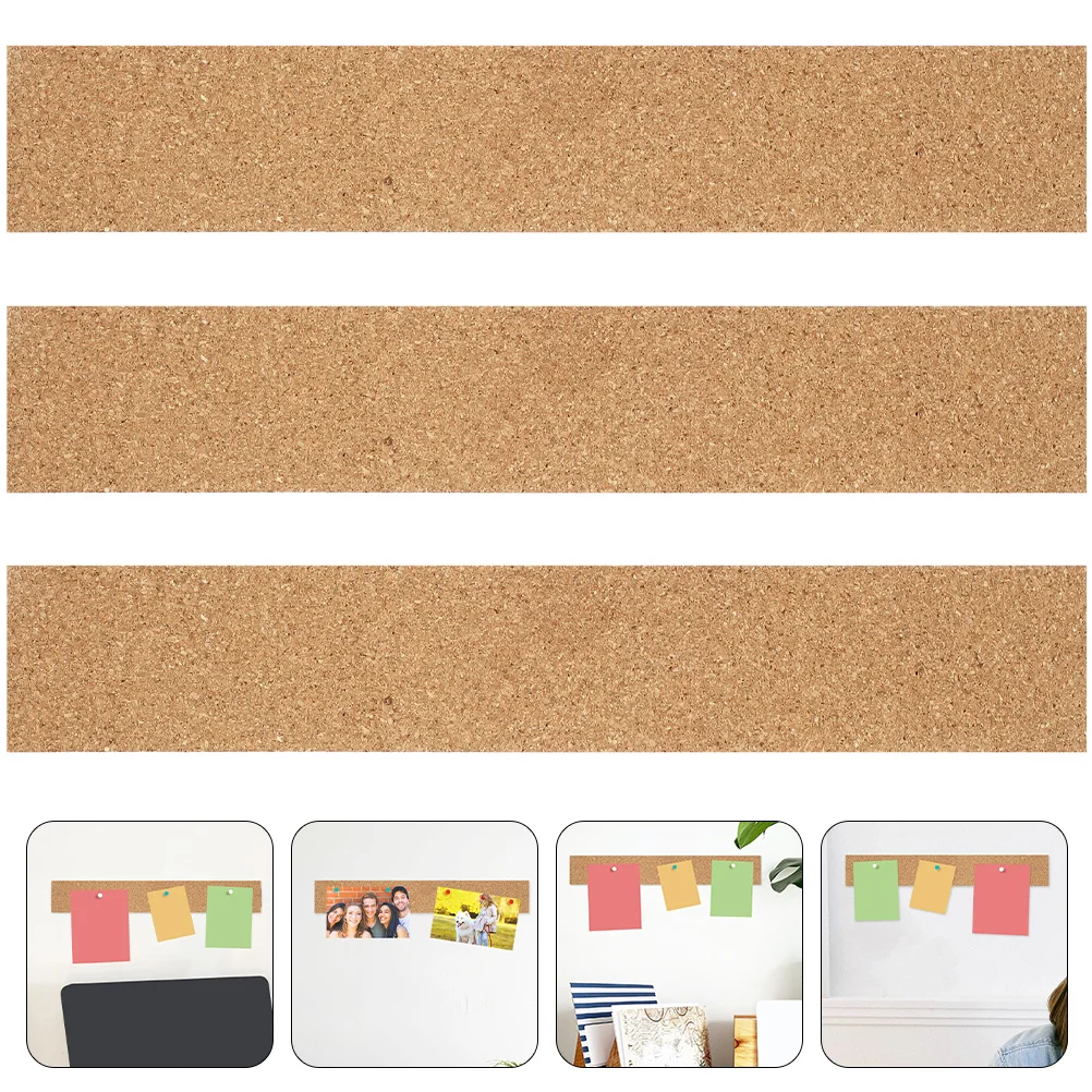 3 Pcs Adhesive Cork Strips Bulletin Board Bar Message Note Wall Tiles Boards for Walls Thick Office