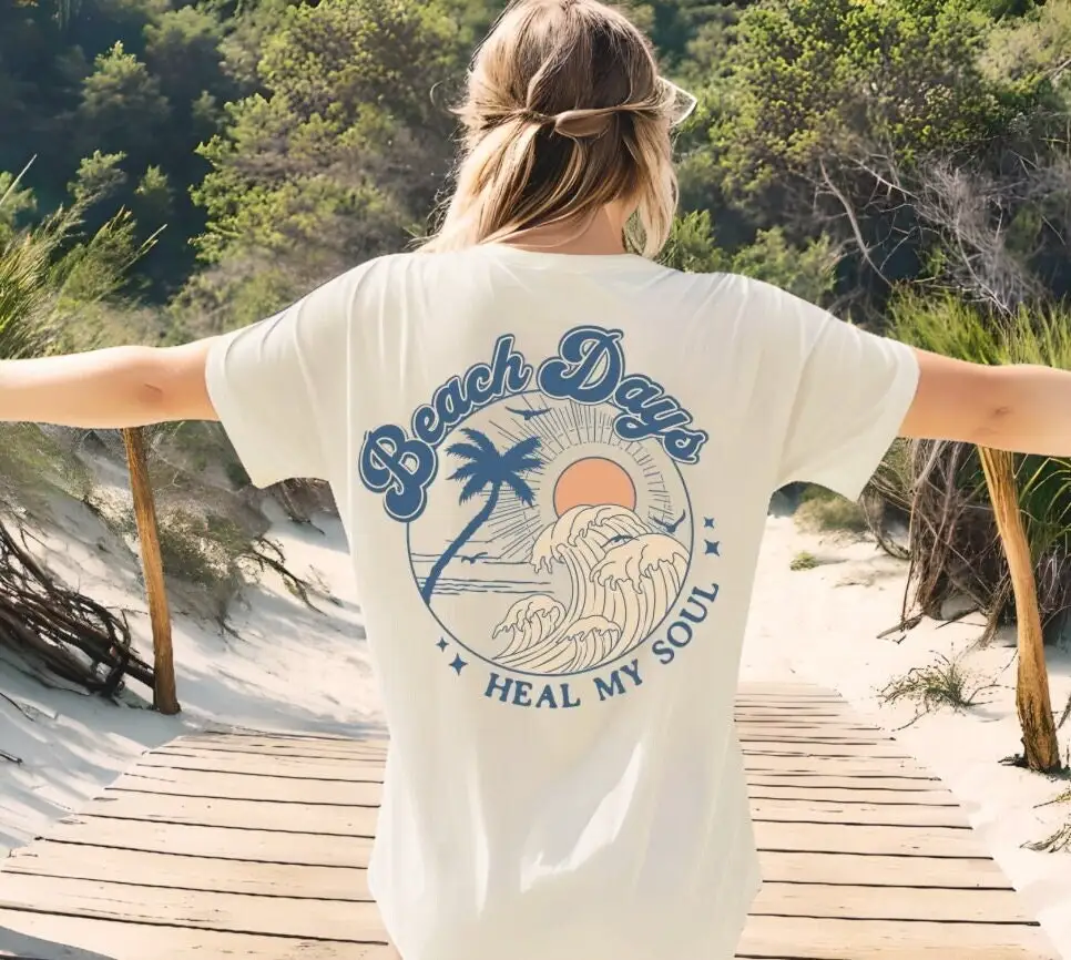 Кокосовая девушка, эстетичная модная пляжная футболка, Пляжная, солнечный свет, серфинг, летнее время, океан, пот