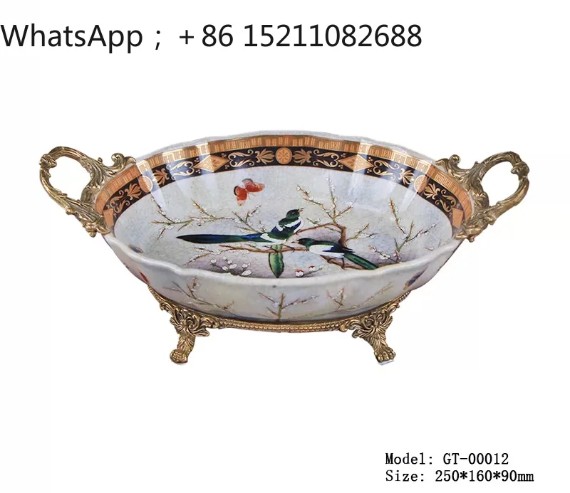 SCY Luxury Restaurant Fruit Plate Candy Biscuit Plate Hand Painted Floral Ceramic with Copper Handle Fruit Pot