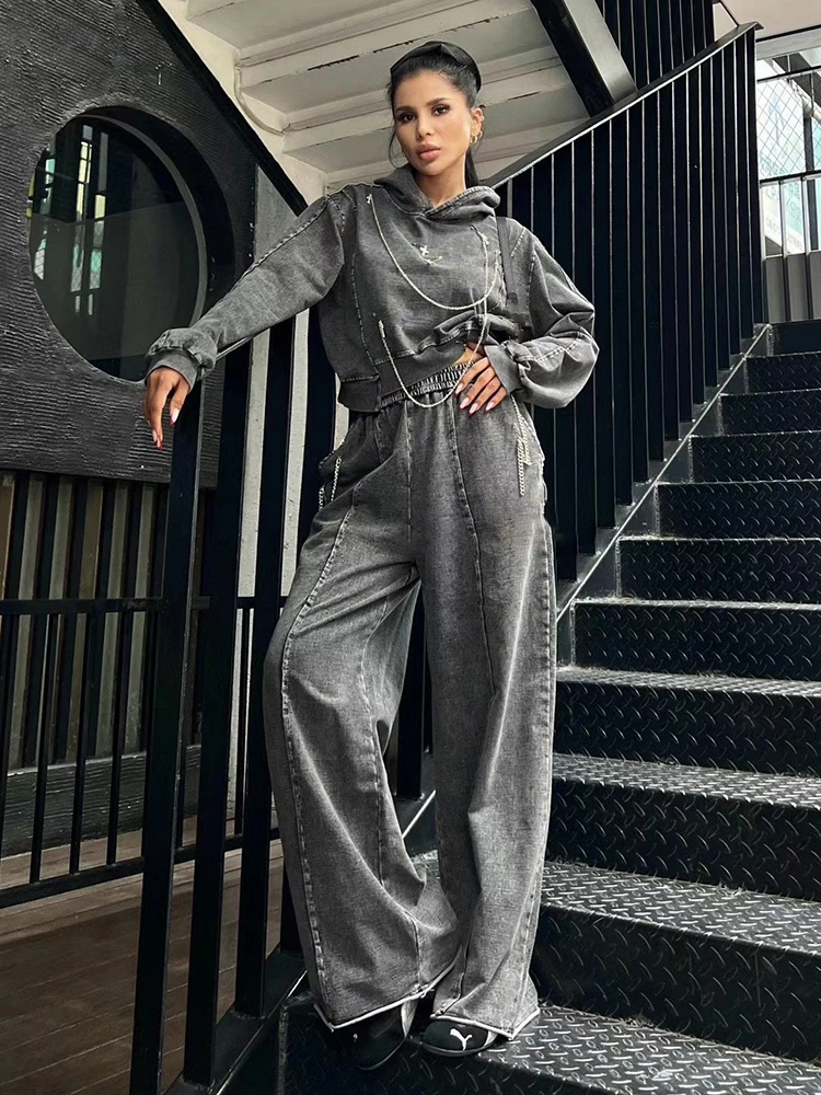 TWOTWINSTYLE Chic Two Piece Set For Women Hooded Long Sleeve  Top High Waist Wide Leg Pant Streetwear Sets Female Fashion New