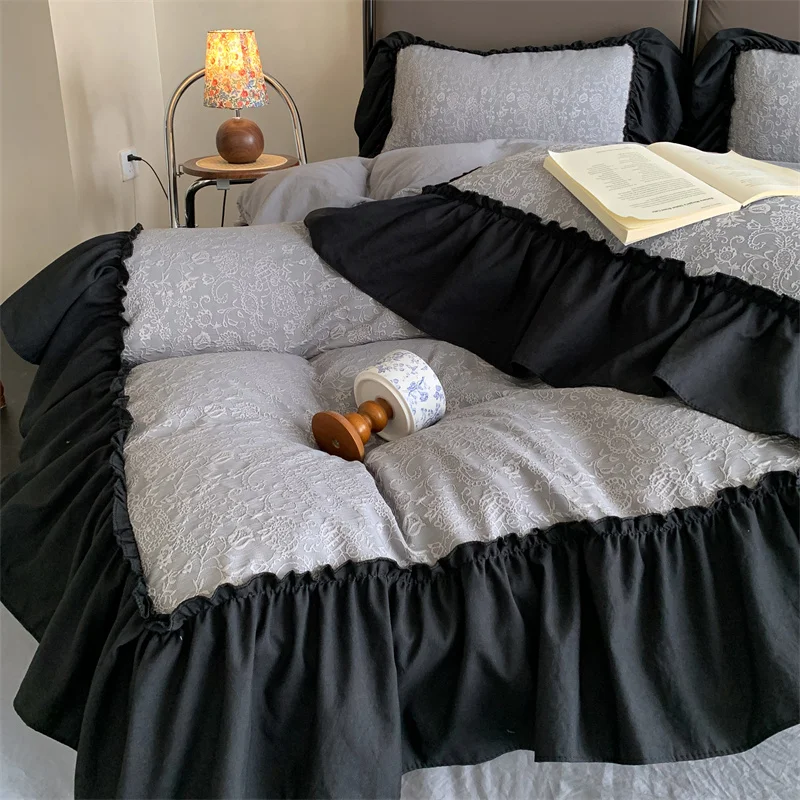 Jacquard Duvet Cover Set with Black Ruffles Brushed Bedding Set Single/Queen/King Size Solid Color parure de lit  Luxury Bedding