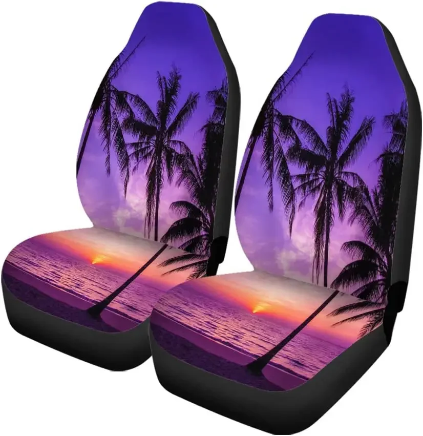 Semtomn Set of 2 Car Seat Covers Beach Palm Trees Silhouette at Sunset Orange Night Universal Auto Front Seats Protector Fits fo