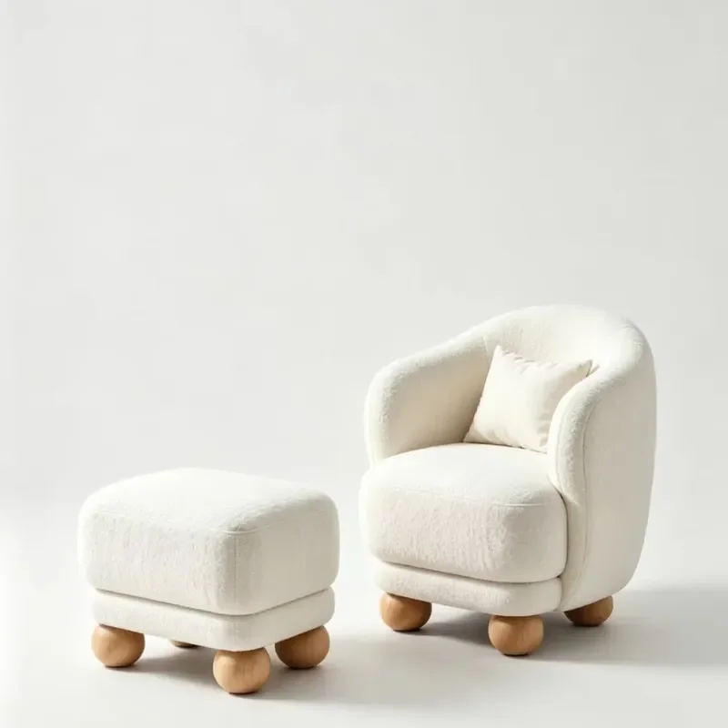 Cream White Fabric Leisure Chair with Footstool Wooden Legs Modern Living Room Sofa Chair Latest Design Home Furniture