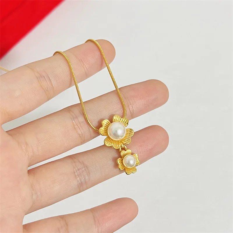 

Light luxury fashion 24K real gold jewelry women's au9999 gold bead necklace fashion accessories paired with snake bone chain