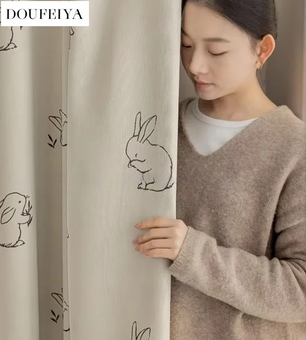 Custom Size Children's Room Cartoon Rabbit Squirtle Snow Neil Curtains Little Rabbit Float Window Curtains Window Screen Door