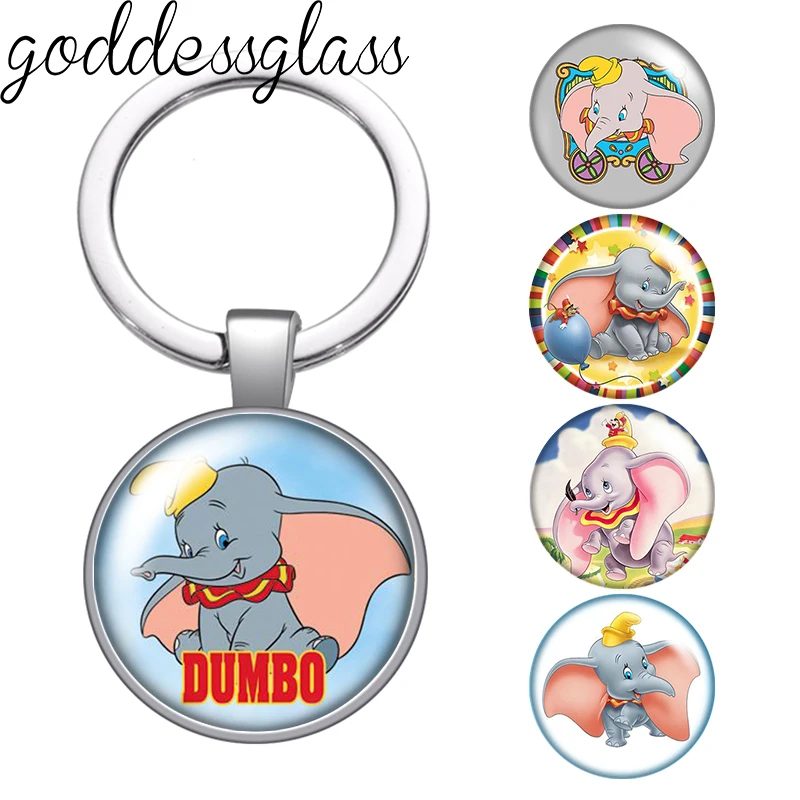 Disney Cute Large eared Elephant Dumbo Photo glass cabochon keychain Bag Car key chain Ring Holder Charms keychains gift