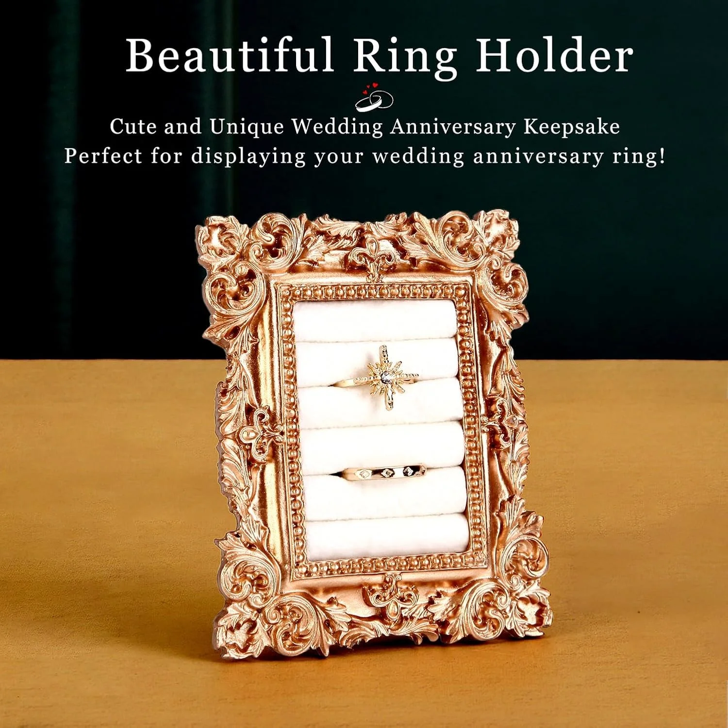 Vintage Gold Ring Display Stand,Suede Earring Tray Baroque Design,Wedding & Birthday Gifts, Velvet Organizer for Engagement Prop
