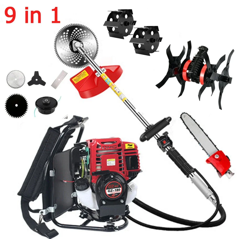 

New Gas Brush Cutter 9 in1 With GX35 4 Stroke Petrol Engine 0.85KW Backpack Grass Strimmer Pole Chainsaw with Garden Tiller