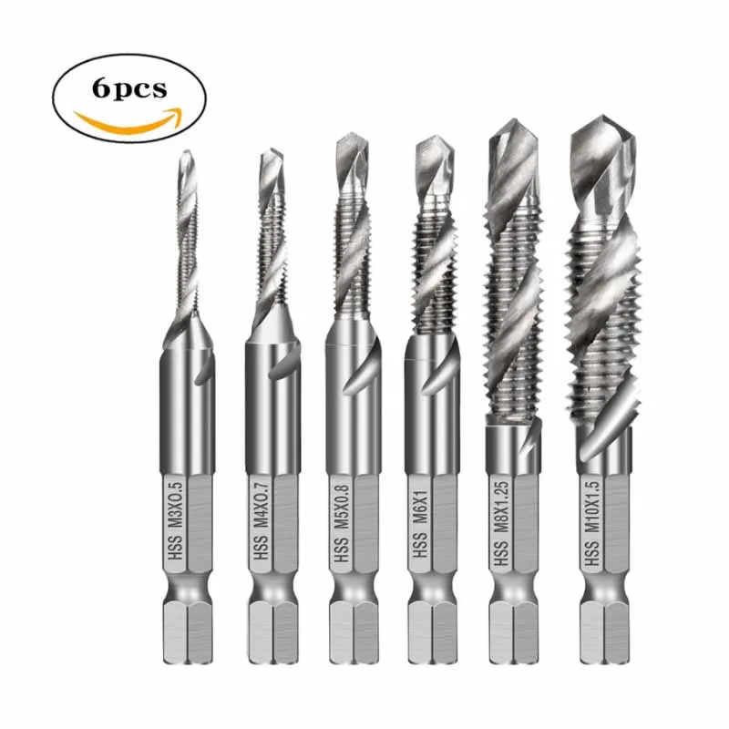 M3 M4 M5 M6 M8 M10 Tap Drill Titanium Plated Hex Shank HSS Screw Machine Compound Hand Tools Metric Thread Tap Drill Bits Set