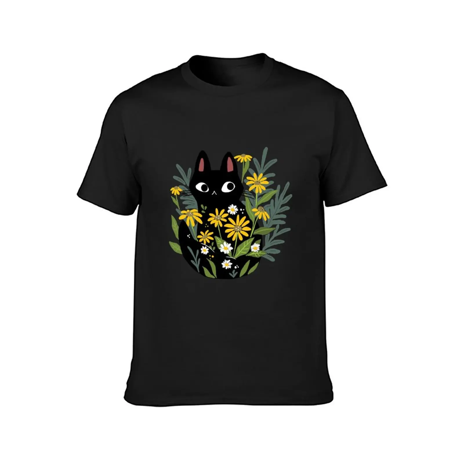 Black cat with flowers T-Shirt oversized quick drying sweat heavy weight t shirts for men