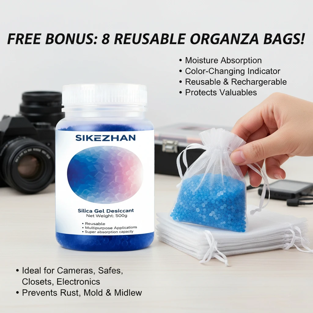 500g Blue Color Changing Silica Gel Desiccant Reusable Dehumidifier with 8 Organza Bags for Storage, Electronics, Camera, Safes