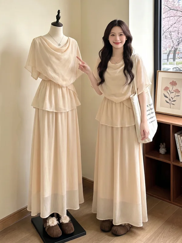 

Large Size Women's Pink Flounce Neck Chiffon Two-Piece Set Summer Fashionable Commute Style Casual Long Skirt Ensemble