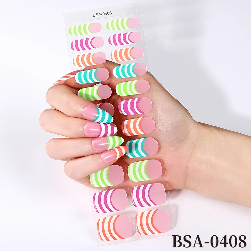 22Tips Colorful French UV-Free Gel Nail Stickers Summer Gradient Full Cover Gel Polish Nail Strips DIY Manicure Decoration