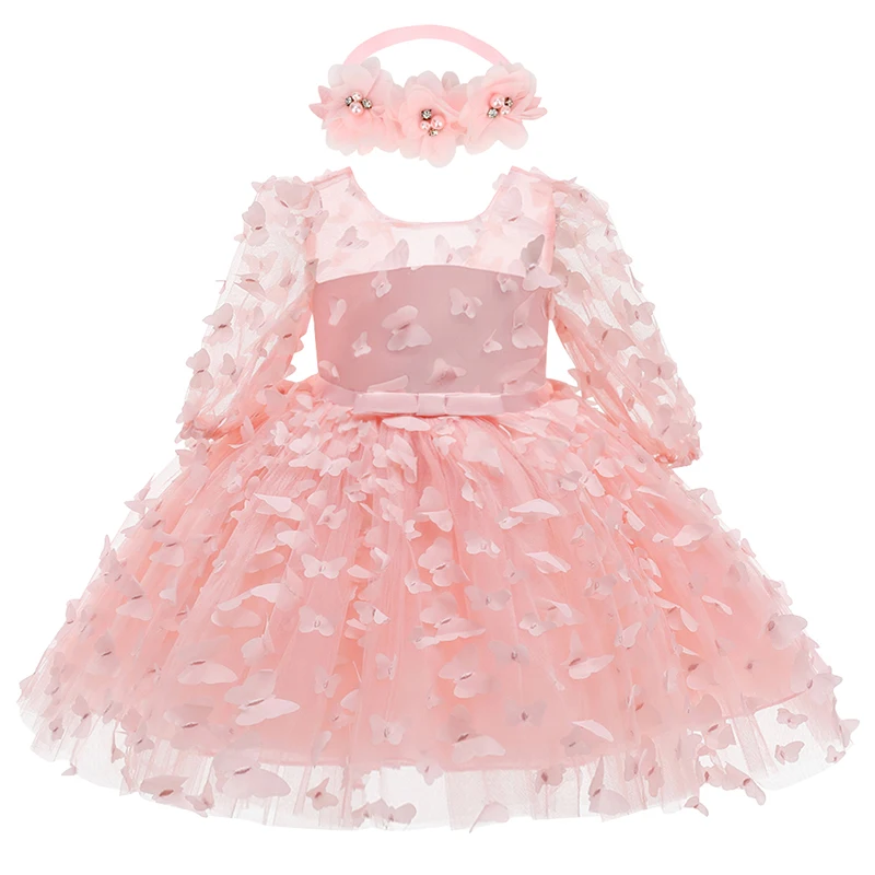 0-24M Baby girl dress full moon baptism dress mesh fluffy princess dress three-dimensional flower bow birthday party dress