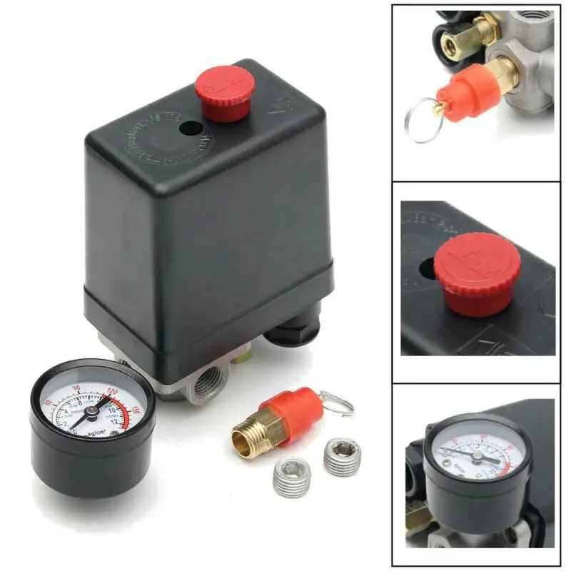 1Set 175psi 4 Port Air Compressor Pressure Switch Manifold Regulator + Safety Valve Hardware Pneumatic Parts