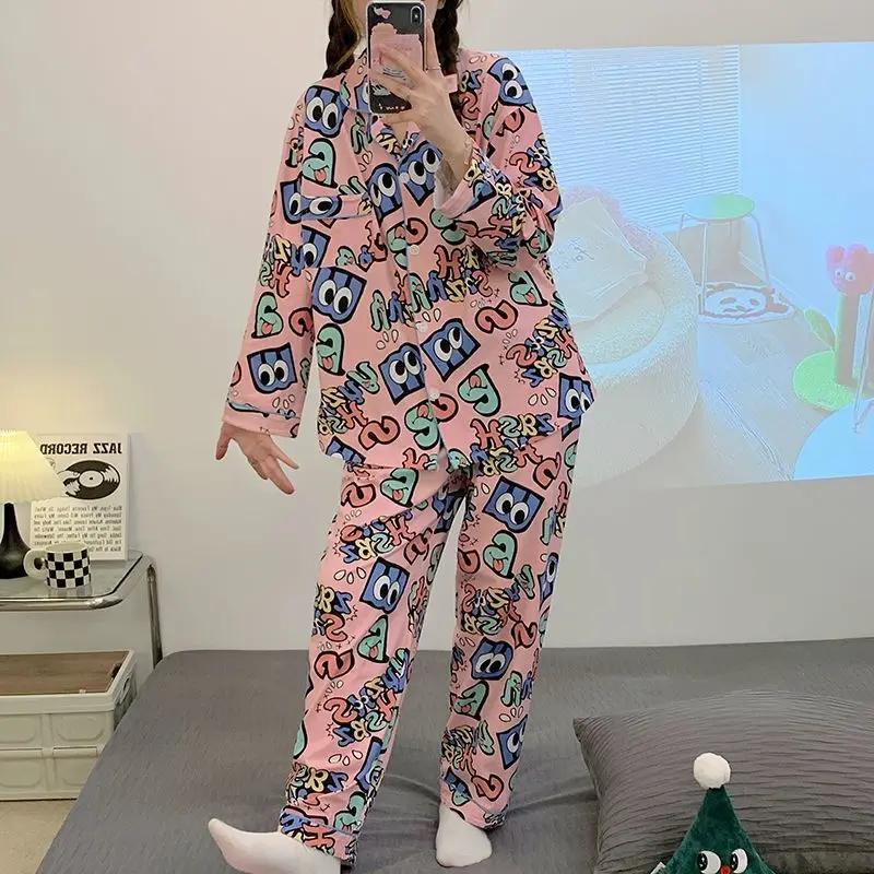 Ladies Spring Autumn Pajamas Long Sleeve Printed Sleepwear 2024 New Pyjamas Letter Cute Home Wear Loose Casual Nightdress Set