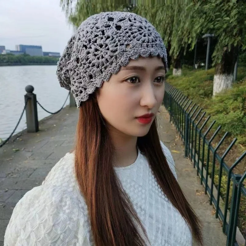 Spring and Autumn Thin Hollow Handmade Women\'s for Hat Knitting Crocheted Woven Woolen Knitted Summer Toque