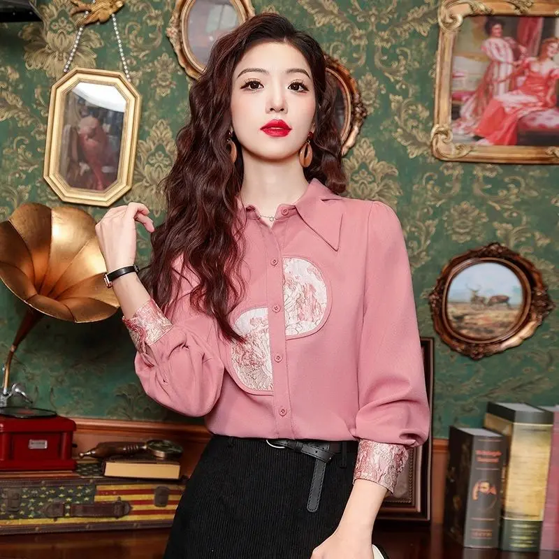 New Chinese Style Pink Long Sleeved Shirt for Women\'s Spring Wear 2024 New Style Chic Top High-end Women\'s Shirt