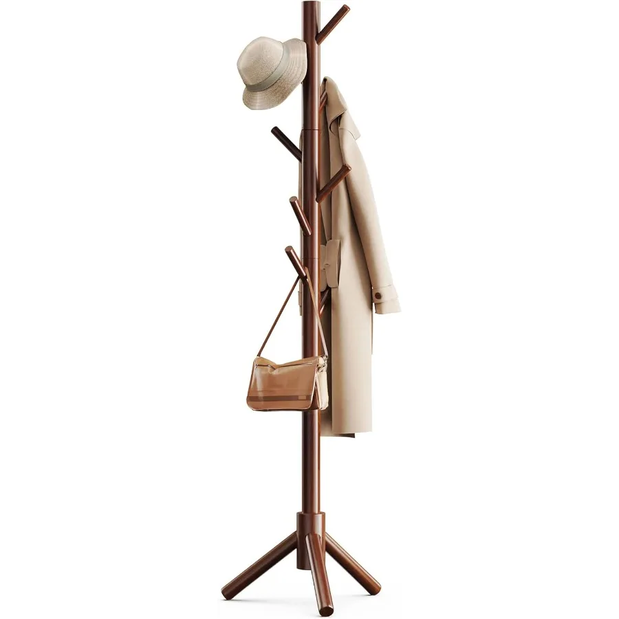 Sturdy Wooden Coat Tree with 8 Hooks and 3 Adjustable Height Settings Ideal for Organizing Clothes Hats and Accessories in Bedr