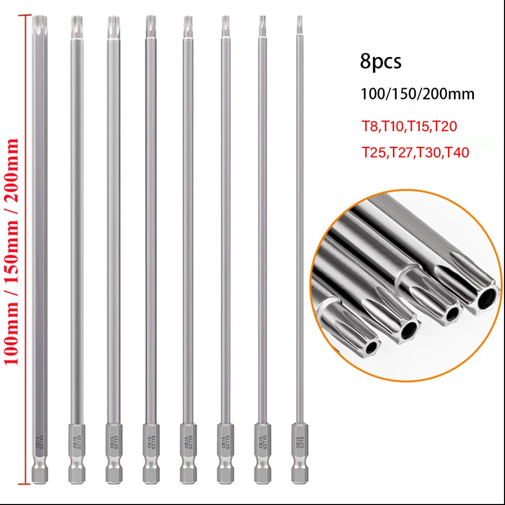 Magnetic Torx Screwdriver Bit, Hex Rod, Wind Drill Head, Screw Wrench, Star T8, T10, T15, T20, T25, T27, T30, T40, 150mm, 200mm,