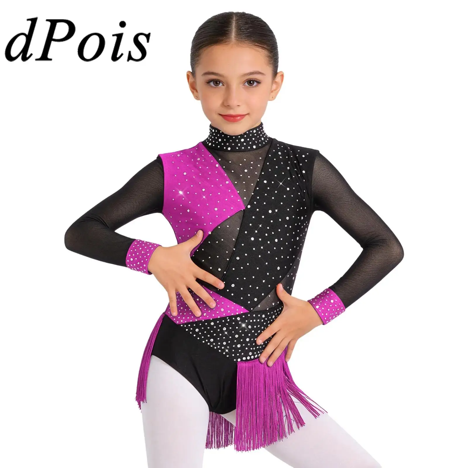 Kids Girls Tassel Latin Dance Leotard Rumba Samba Salsa Jazz Dancewear Long Sleeve Keyhole Bodysuit for Figure Skating Chacha