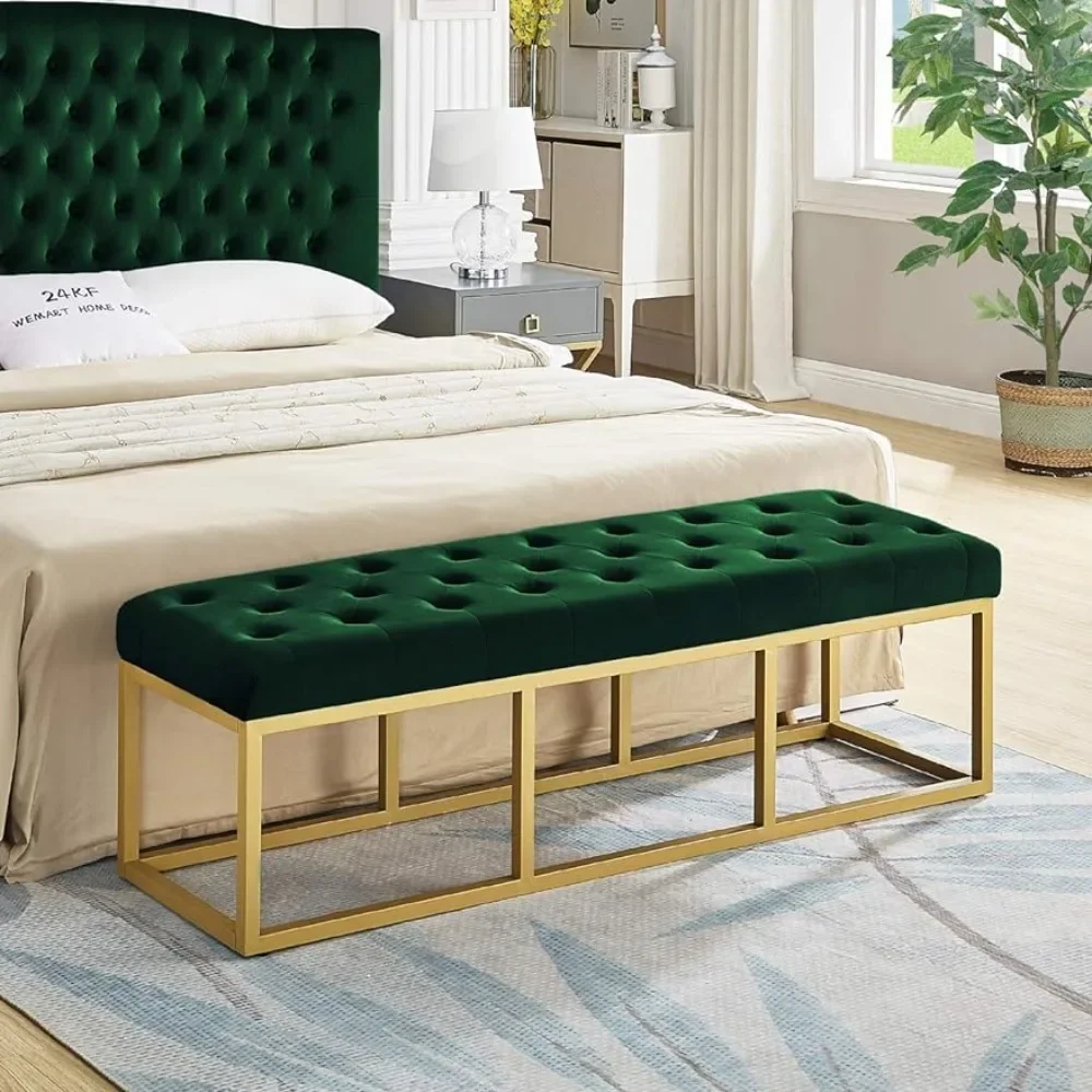 

Upholstered Tufted Long Bench With Golden Metal Leg Bed Stool Jade Velvet Bench With Padded Seat-Jade Bedroom Ottoman Living