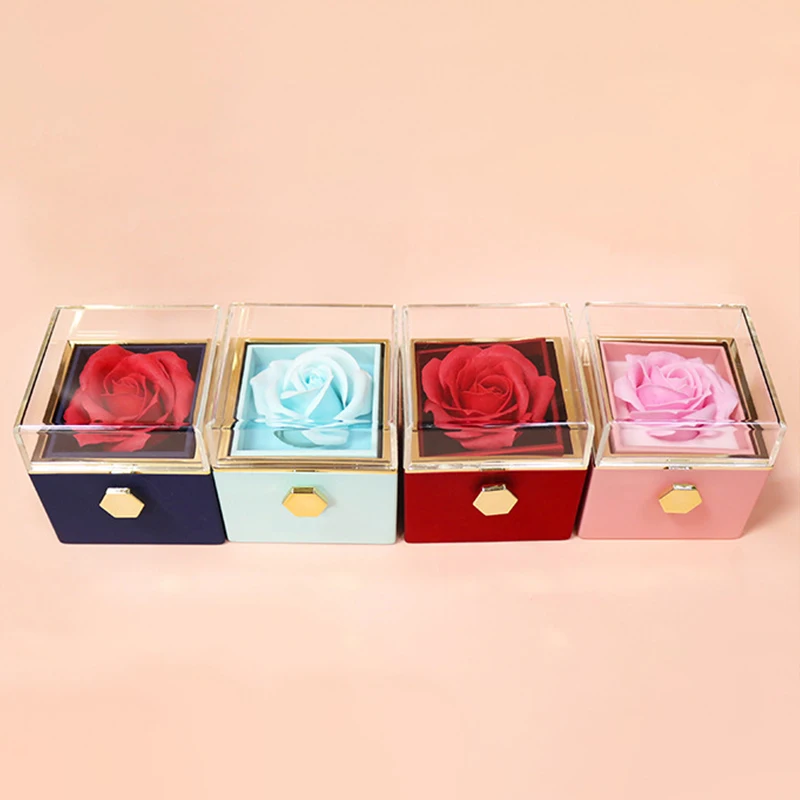 New Rotation Rose Jewelry Gift Box Valentine's Day Marriage Acrylic Ring Boxes Necklace Storage Rose Jewelry Display Rack