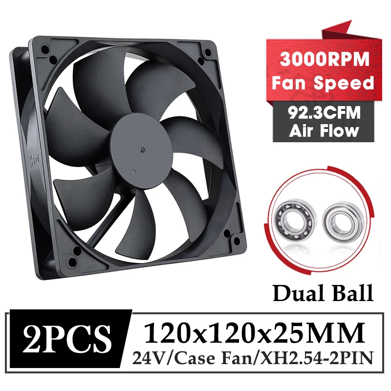 

2Pcs Gdstime 120MM Fan DC 24V Dual Ball 2PIN 3000RPM High Speed Cooling Fan 12CM 120MM*25MM PC Computer&Laptop CPU GPU Cooler