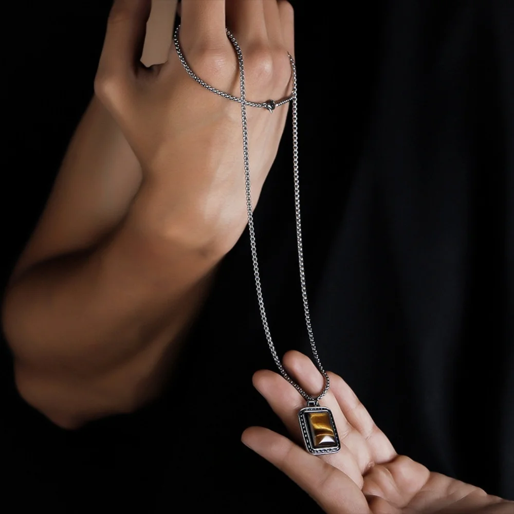 Hip-Hop-Herren-Halskette mit quadratischem braunem Edelsteinanhänger, Vintage-Schmuck aus Edelstahl, modische Damen-Halskette, Accessoires – Detail 4