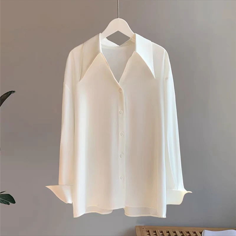 Korean Fashion Simple Office Lady Business Casual Retro Button Up Shirt Elegant Loose Long Sleeve Solid Blouse Top Women Blusas