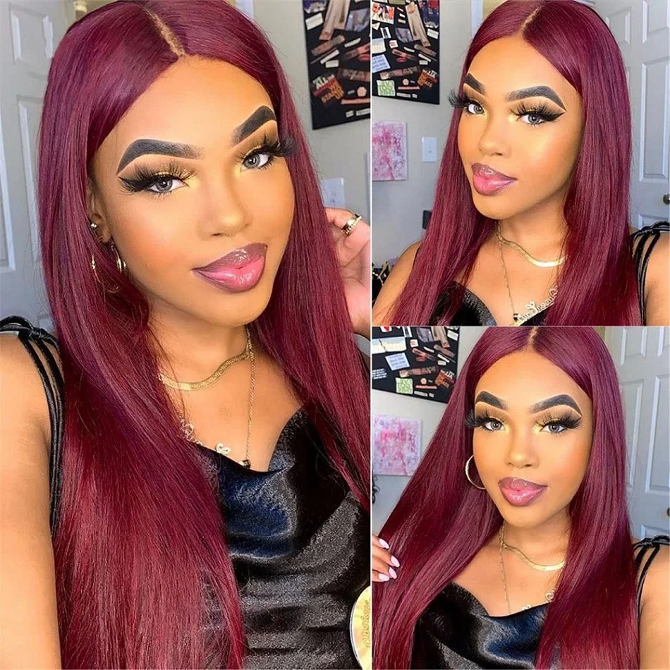 Hd 99J Burgundy 13x6 Lace Front Wigs Human Hair Red Colored Human Hair Wigs Brazilian Bone Straight 4x4 Lace Closure Red Wigs