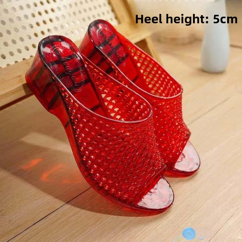 

Women's Summer Slippers Transparent Thick Bottom Crystal Heel Anti-Slip Bathing Slippers Pure Color Outdoor Wear Home Comfort