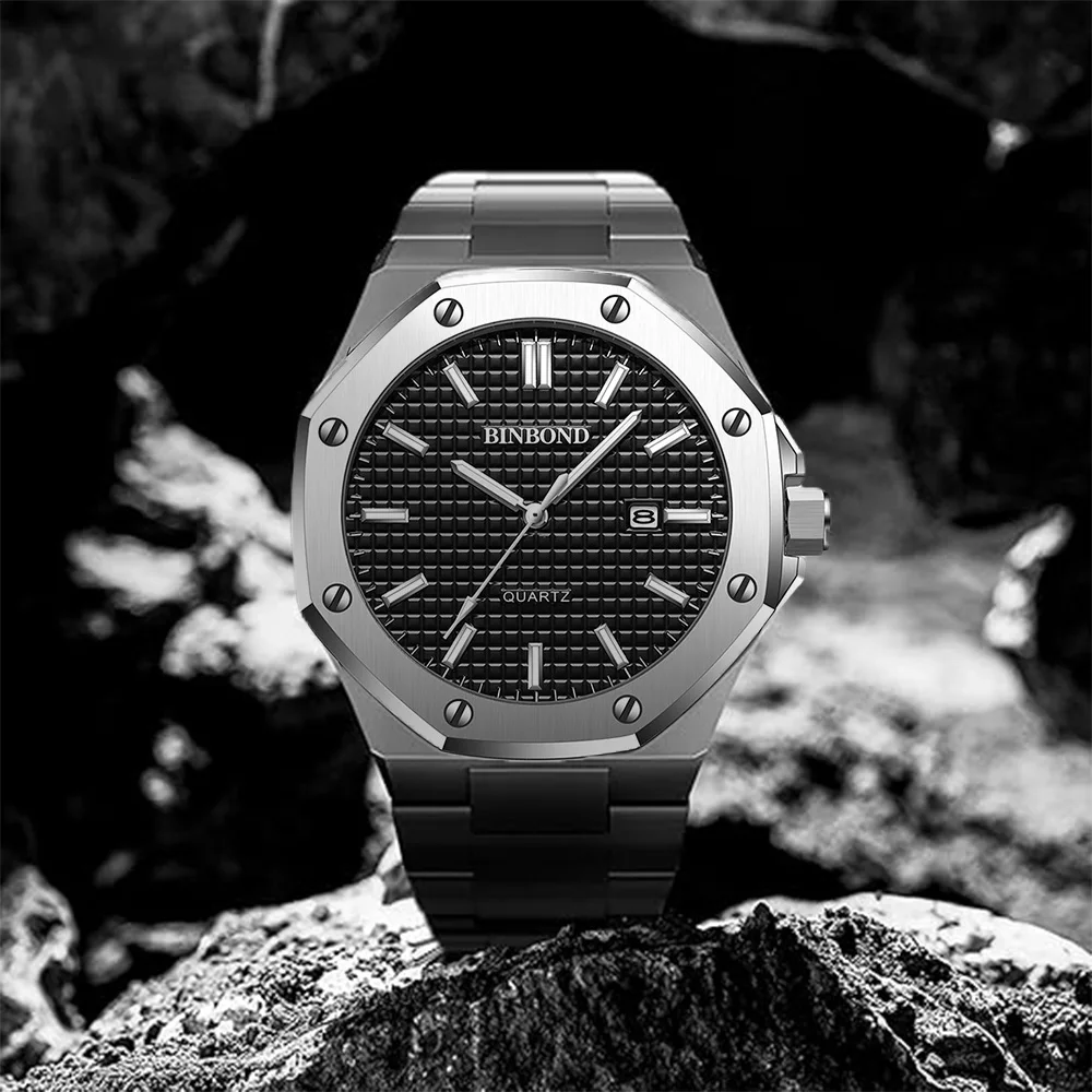 

Деловые мужские часы, восьмиугольный большой циферблат, серебро, нержавеющая сталь, модные кварцевые наручные часы, классический лучший бренд, мужские часы-календарь