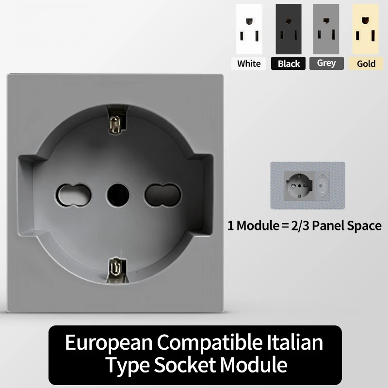 DIY Modular Wall Plate 2x4 inch with Tempered Glass – NEMA 5-15R Duplex Outlet & US/EU/Italy/Chile Socket Modules Combo