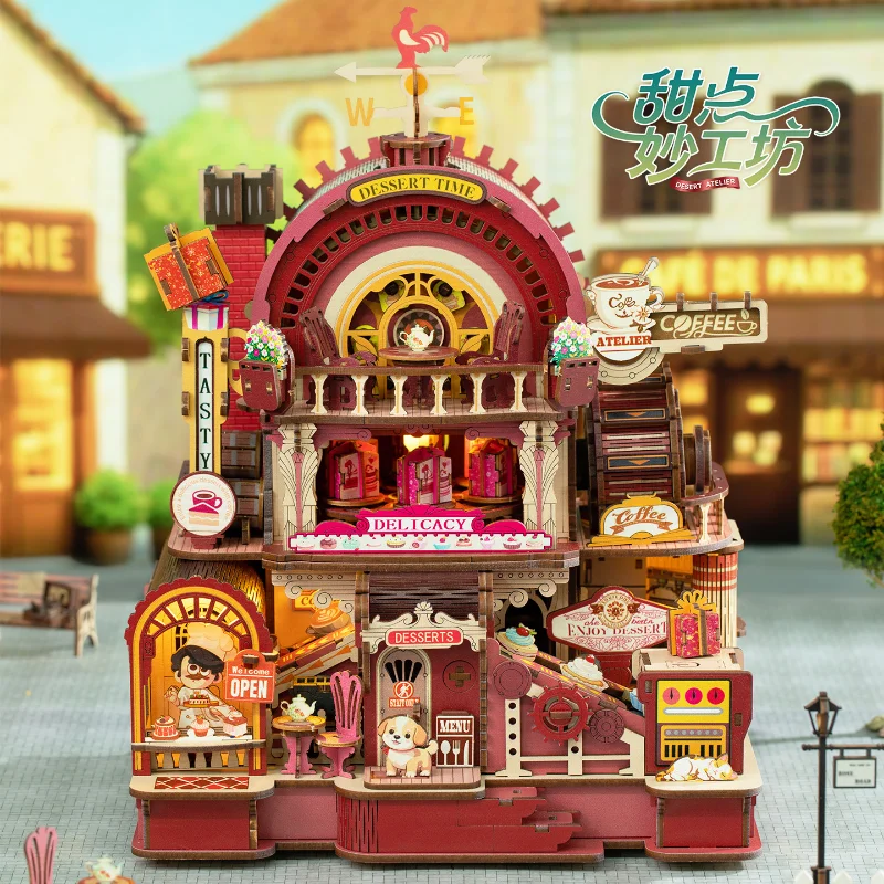 NEW Dessert Atelier DIY Wooden Casa House Figurines Miniature Kits with LED Lights Home Desk Decoration for Adult Handmade Gifts