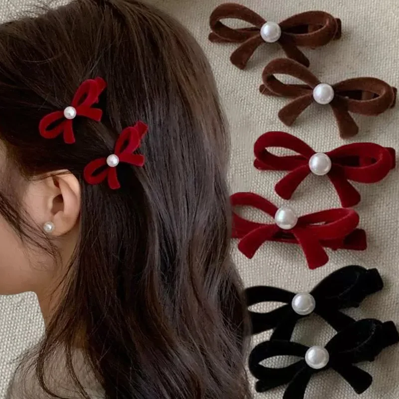 Korean Velvet Pearl Bow Hair Clip for Women Girls Vintage Small Black Red Wedding Hairpins Sweet Barrette Hair Accessories