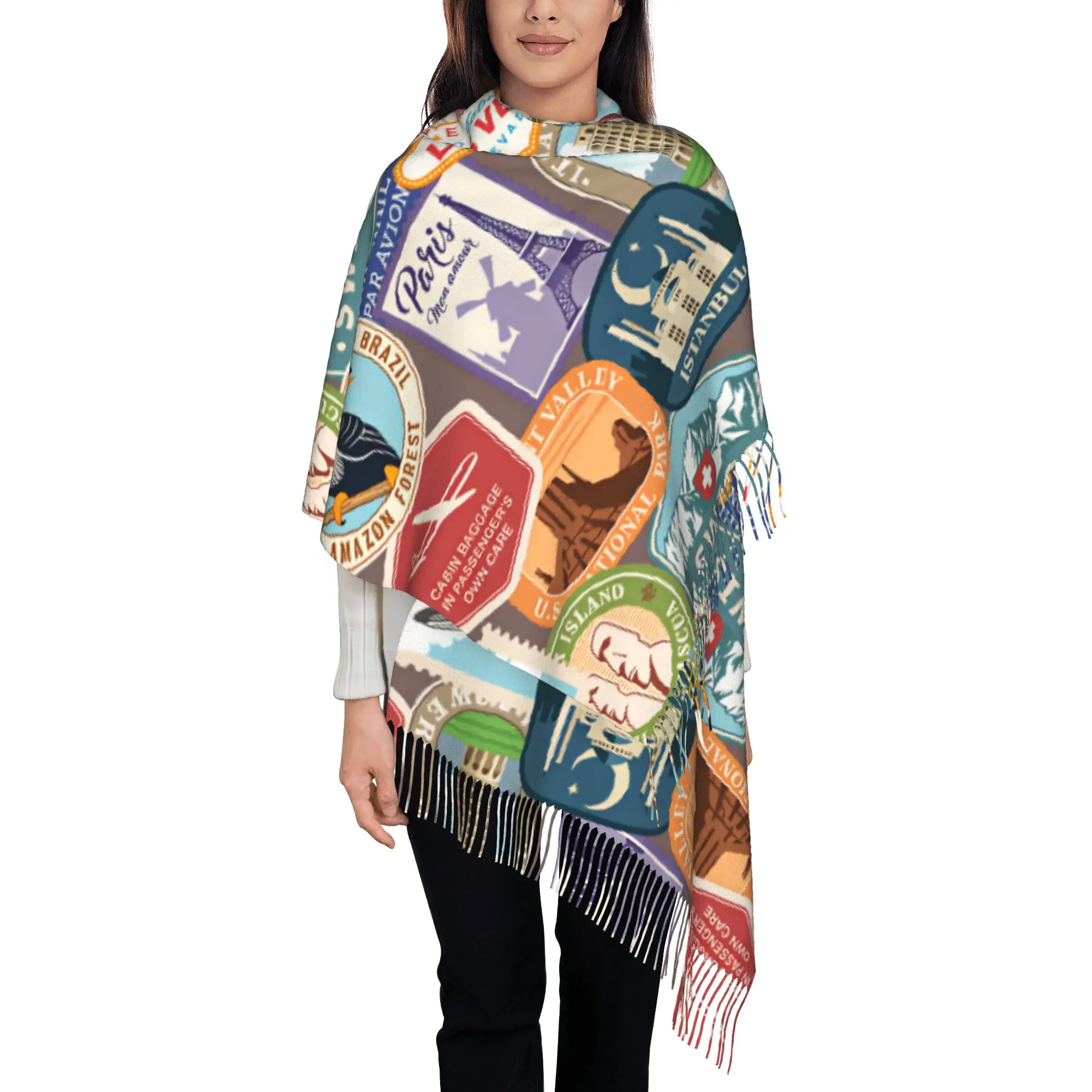 Custom Vintage Air Travel Landmark Stamp Collage Print Tassel Scarf Women Soft  Shawls Wraps Ladies Winter Scarves