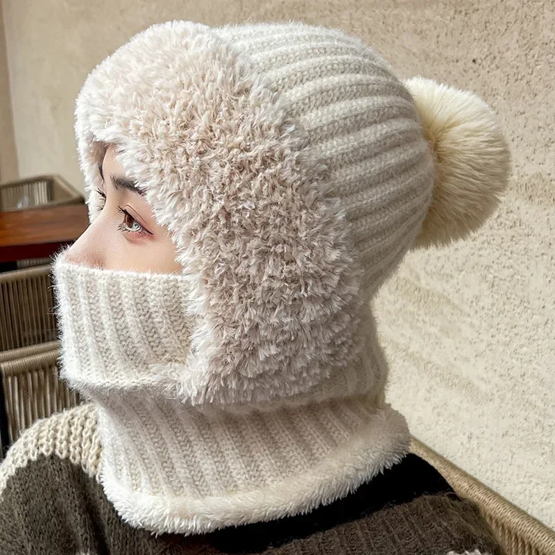 Multi Functional Knitted Plush Warm Hat for Women Autumn and Winter Outdoor Cycling Cold Proof Hat Scarf Integrated Pullover Hat