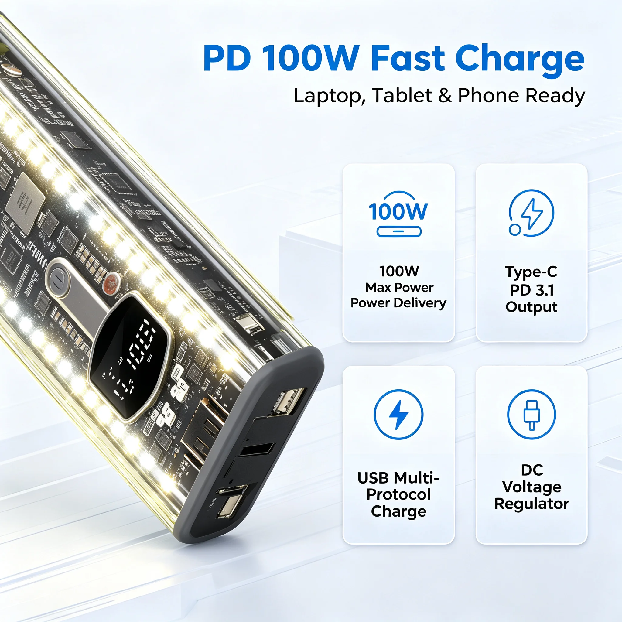 PD 100W Fast Charging DIY 21700*8 Shell Power Bank Case Transparent Battery Case Battery Charge Storage Box Without Battery ﻿