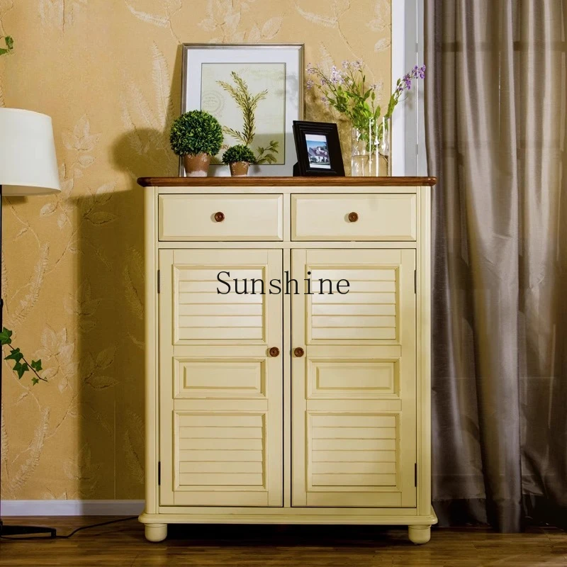 

American country furniture Mediterranean style multi-functional chest cabinet living room dining side solid wood shoe cabinet