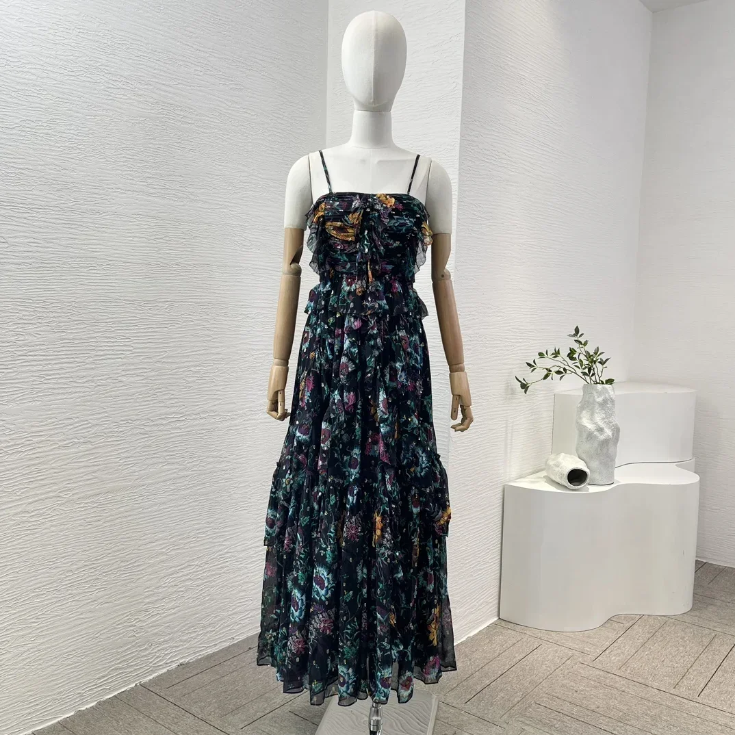 

2024 Women Top Quality Vintage Black Floral Print Ruffles Strapless Sleeveless Ruched Sling Maxi Dress Beach Style for Lady