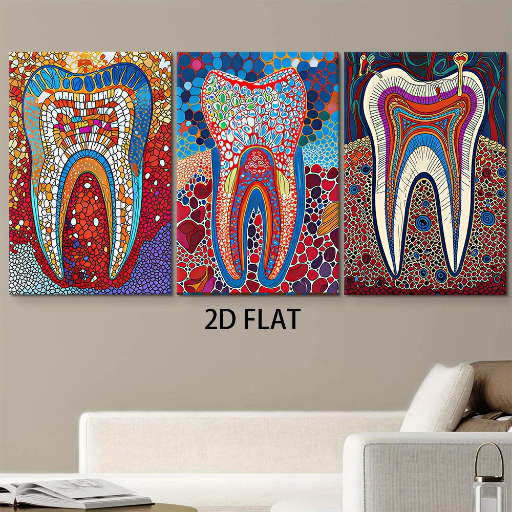 1 set of modern abstract dental art triptych frameless decorative paintings, dental clinic wall decoration, simple modern style